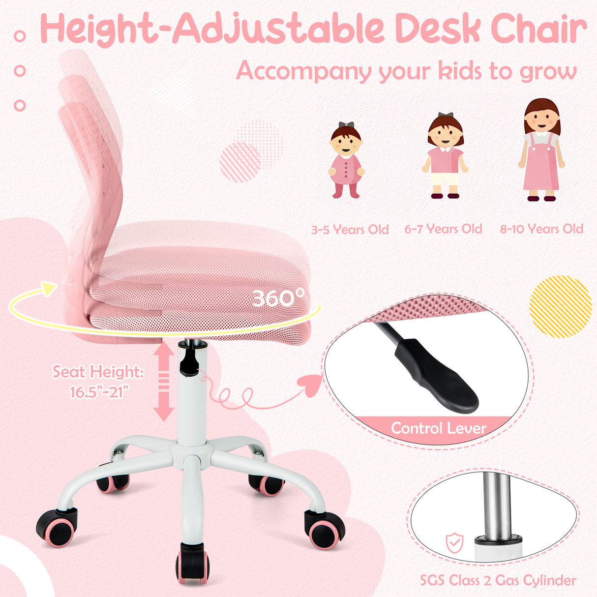Ergonomic Children Study Chair with Adjustable Height-Light Pink
