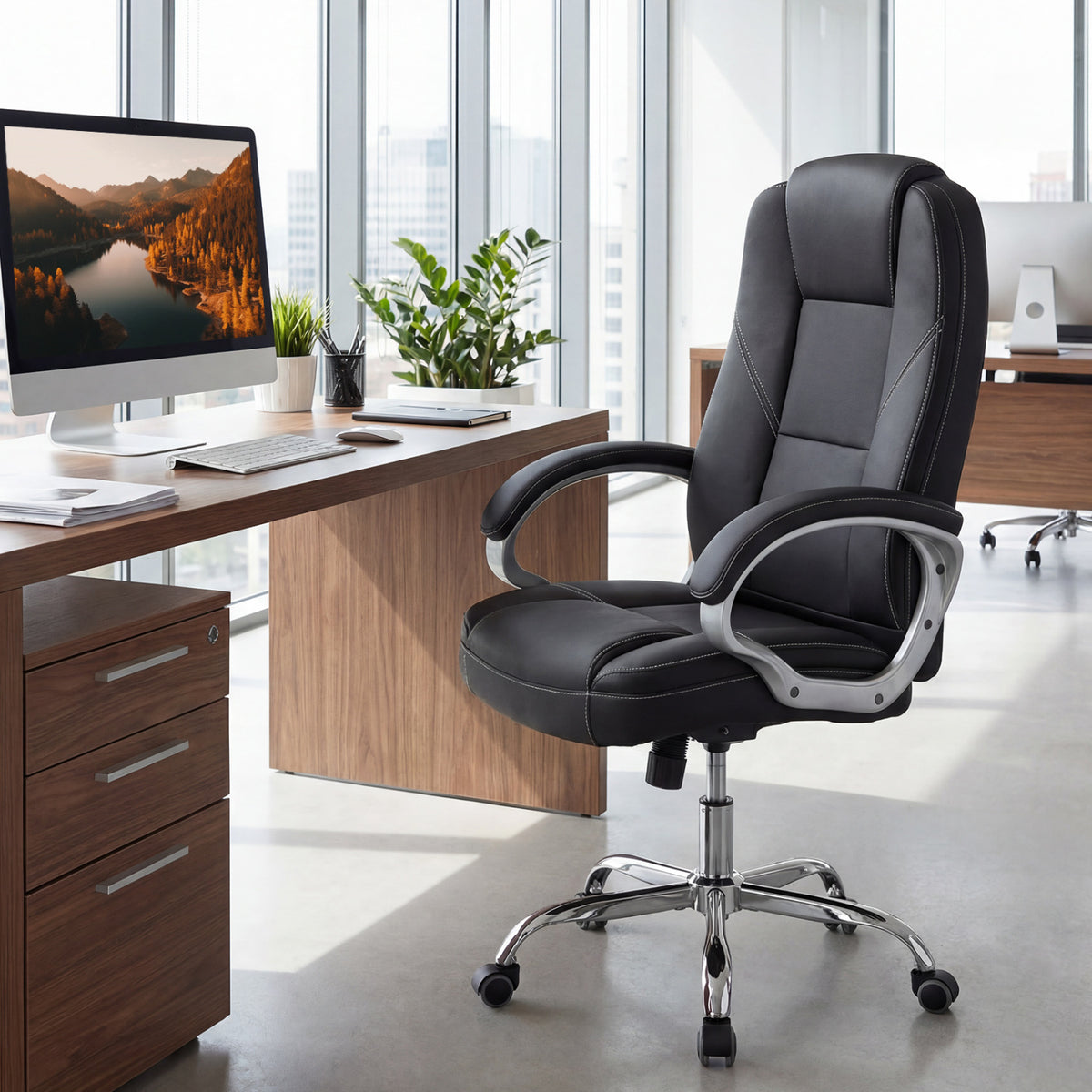 Ergonomic Leather Office Chair with Padded Armrests and Rocking Backrest-Black