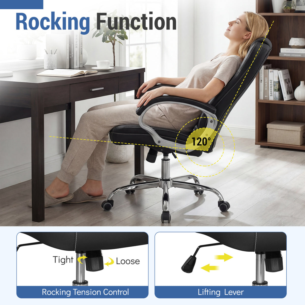 Ergonomic Leather Office Chair with Padded Armrests and Rocking Backrest-Black