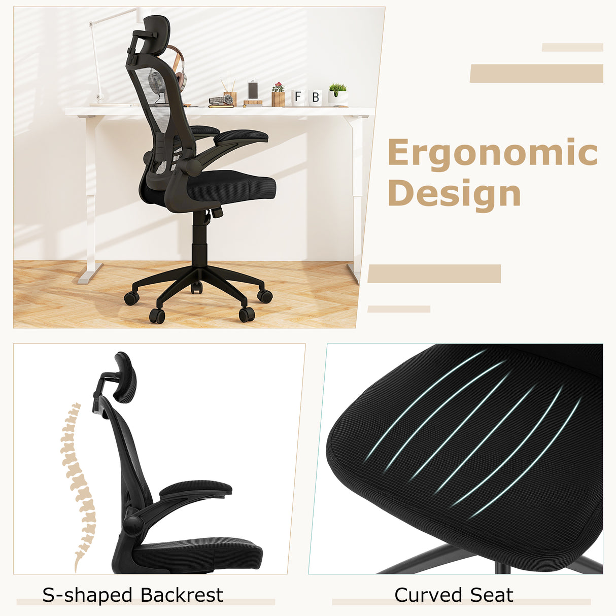 Ergonomic Mesh Office Chair with Adjustable Height for Home Office-Black