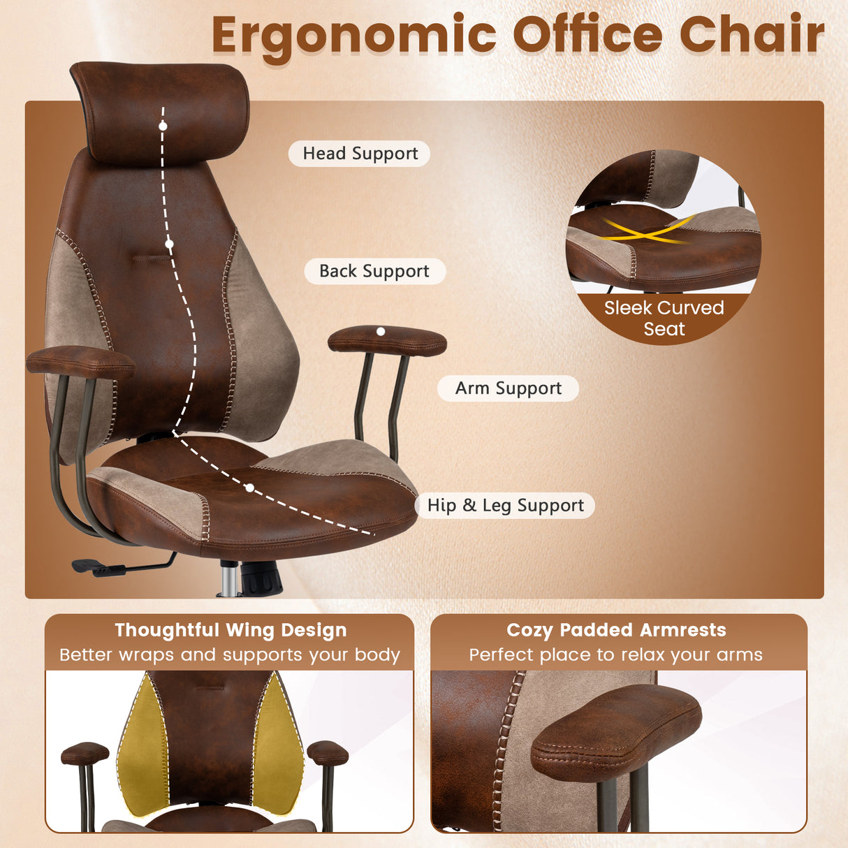 Ergonomic Office Chair Computer Desk Chair with 2D Headrest and Rocking Backrest-Brown