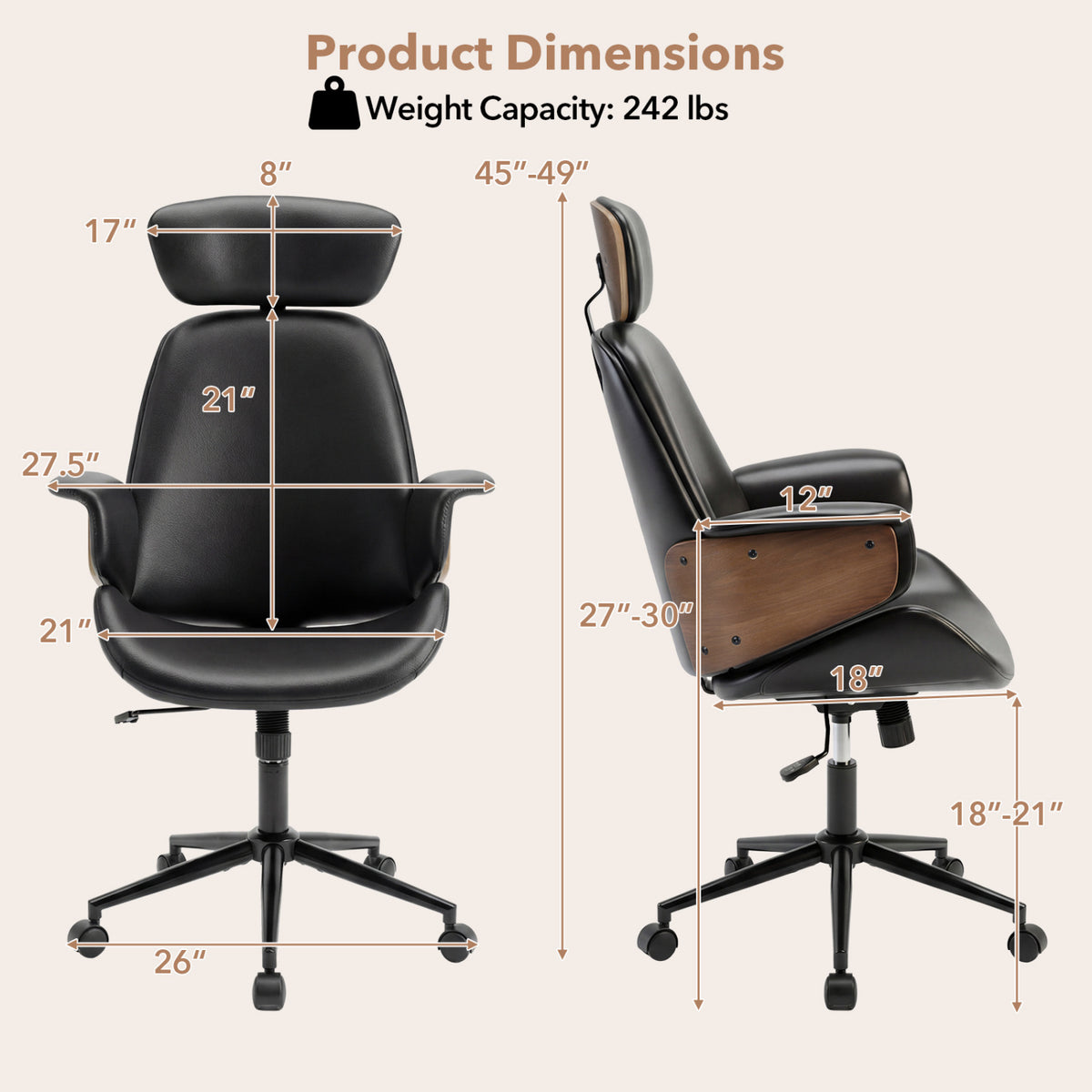 Ergonomic Office Chair with Headrest Adjustable Height for Home Office and Study-Black
