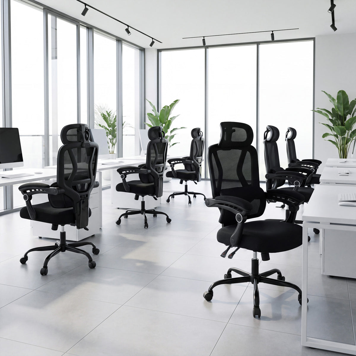 Ergonomic Office Computer Mesh Chair with High Back Adaptive Lumbar Support and 2D Adjustable Headrest-Black