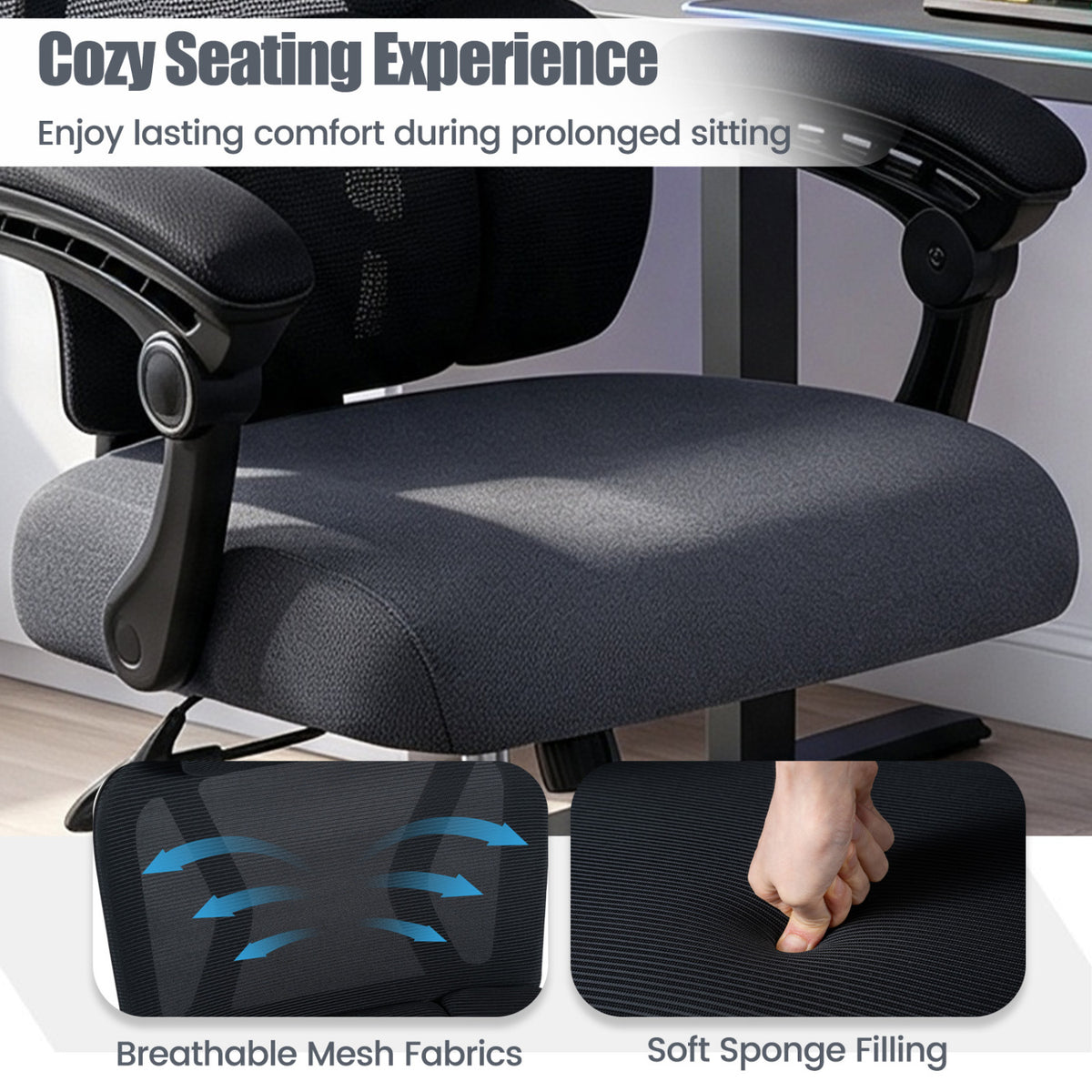 Ergonomic Office Computer Mesh Chair with High Back Adaptive Lumbar Support and 2D Adjustable Headrest-Black
