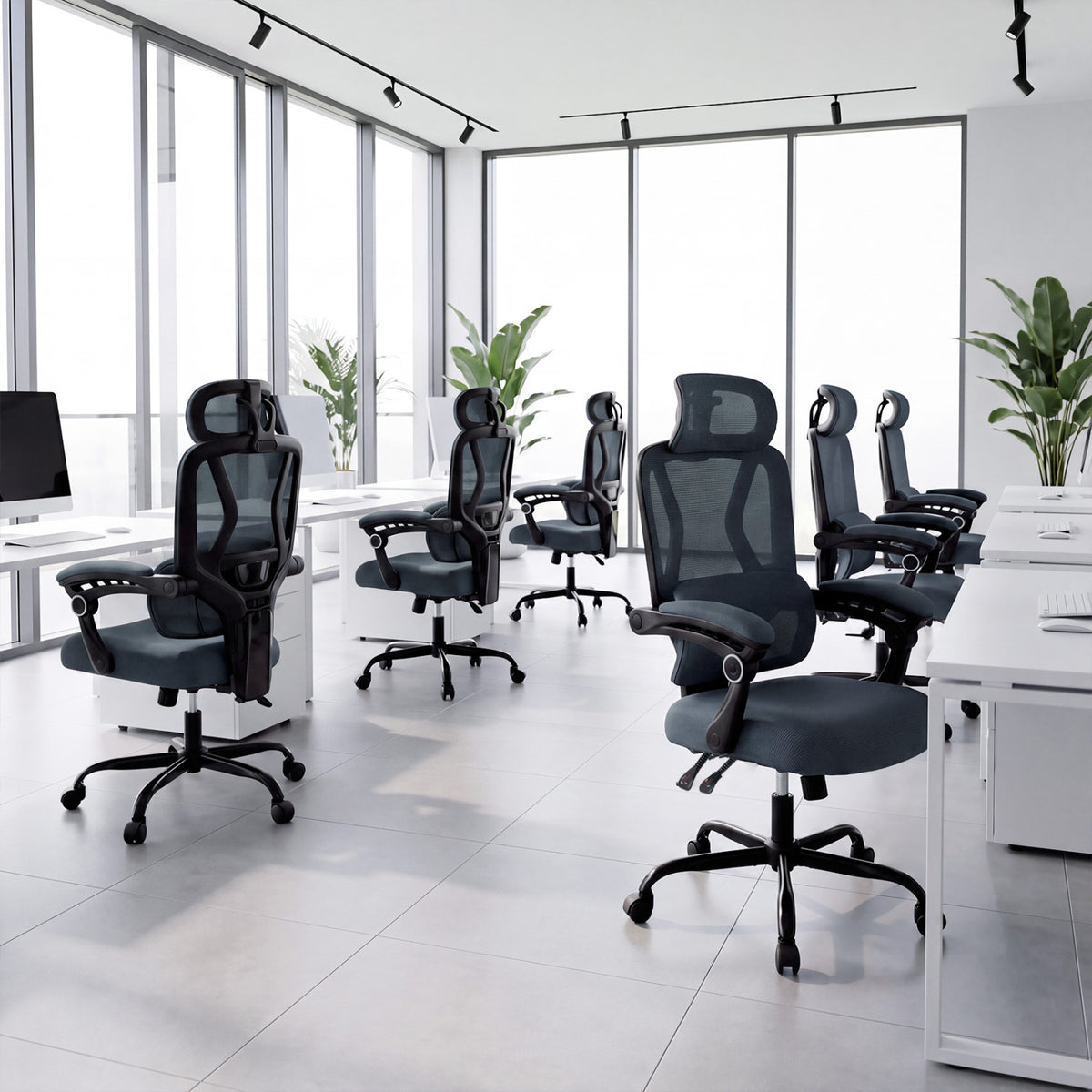 Ergonomic Office Computer Mesh Chair with High Back Adaptive Lumbar Support and 2D Adjustable Headrest-Gray