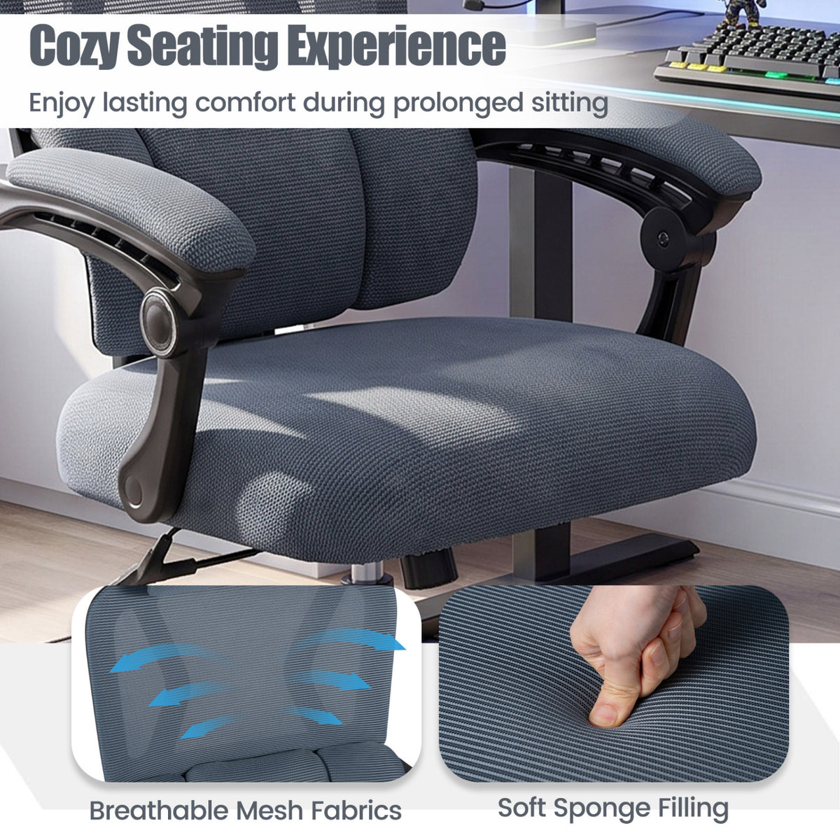 Ergonomic Office Computer Mesh Chair with High Back Adaptive Lumbar Support and 2D Adjustable Headrest-Gray