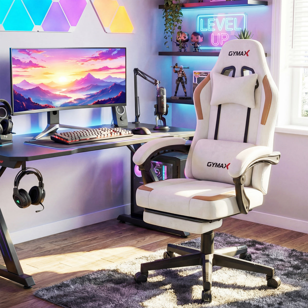 Ergonomic Video Game Chair with Headrest for Home Office-Beige