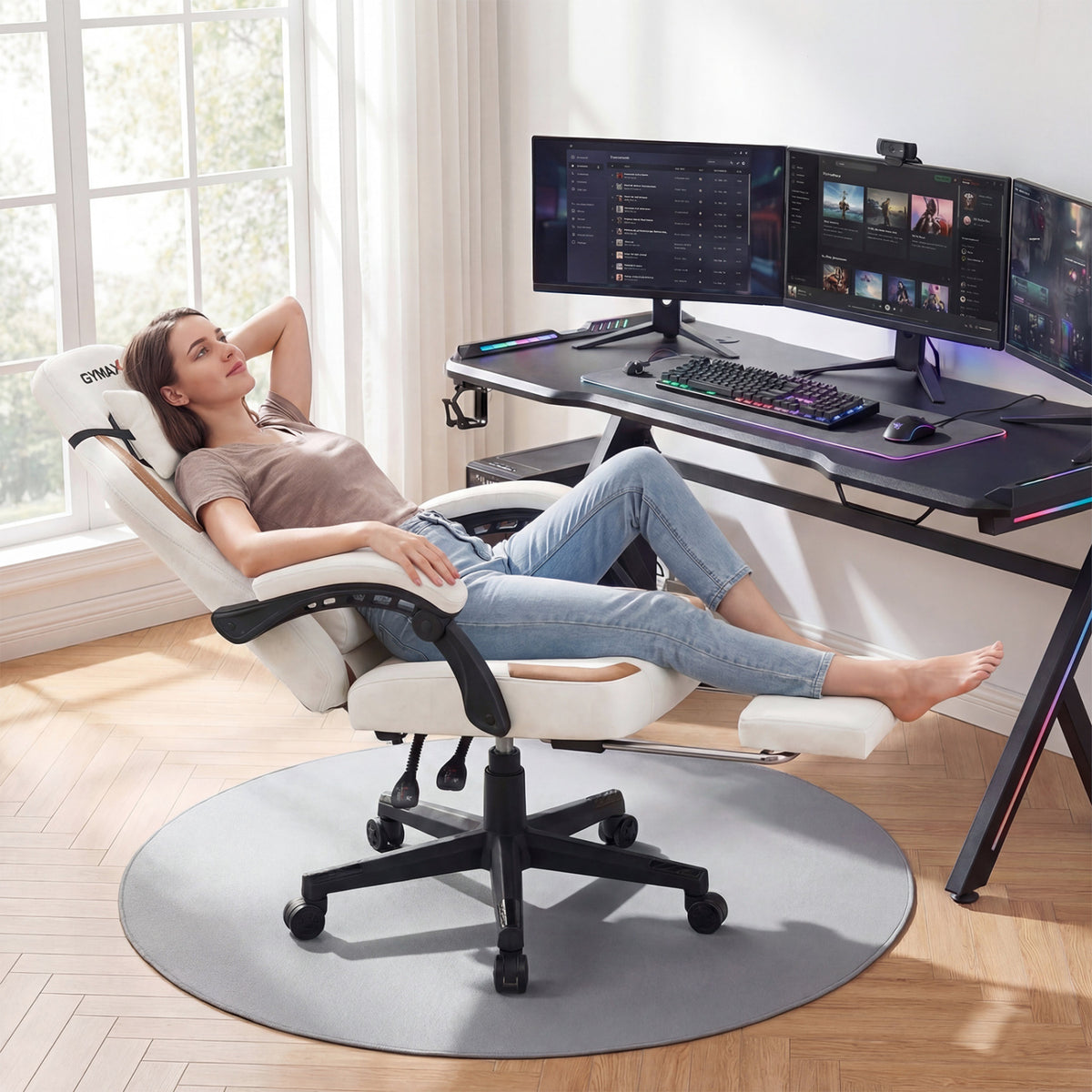 Ergonomic Video Game Chair with Headrest for Home Office-Beige