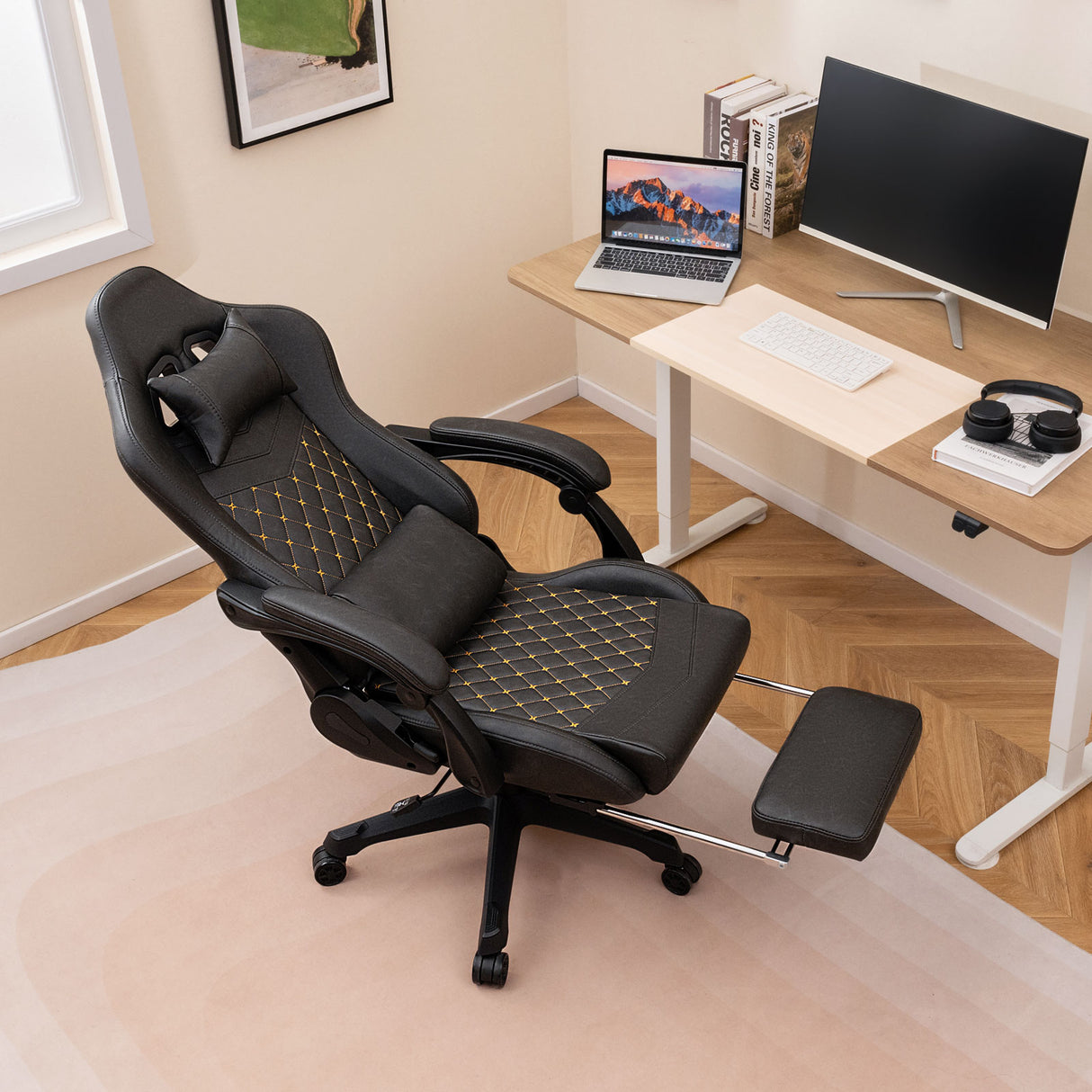 Ergonomic Video Game Computer Chair with Headrest and Lumbar Pillow-Black