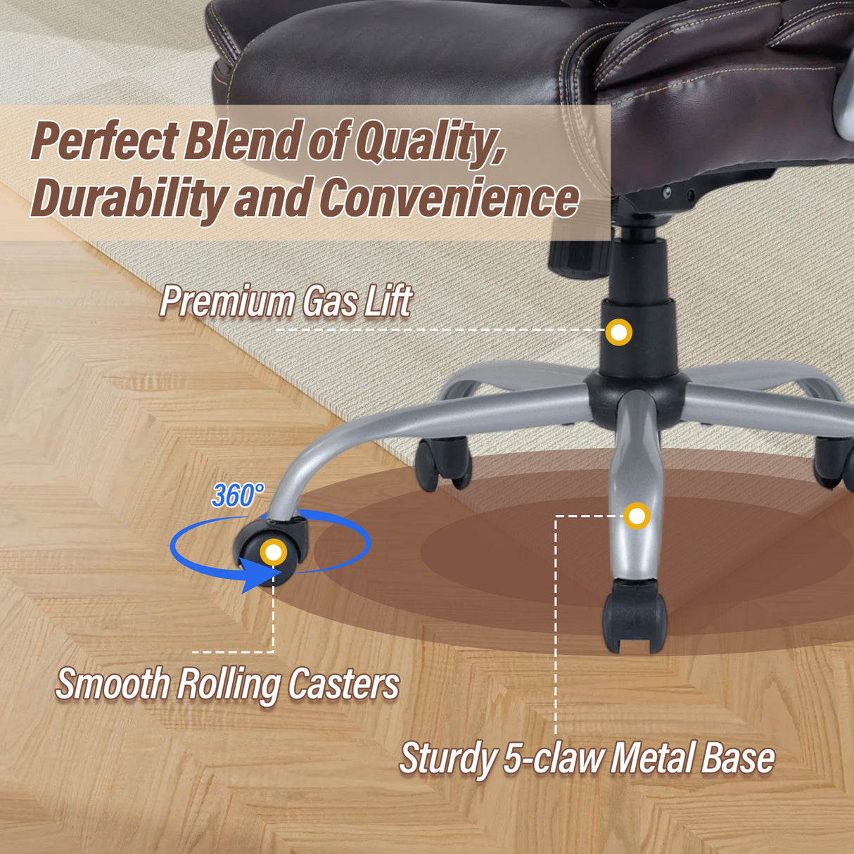 Executive Office Chair Leather Ergonomic Computer Desk Chair with Padded Seat and Armrests-Brown
