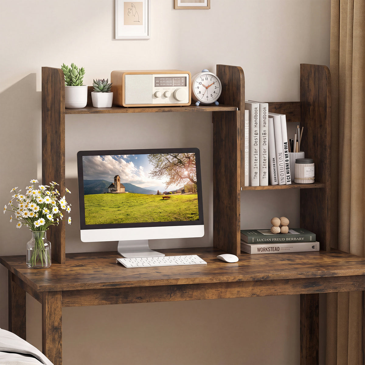 Expandable Desk Bookshelf with Open Cubes and Desktop Display Rack-Rustic Brown