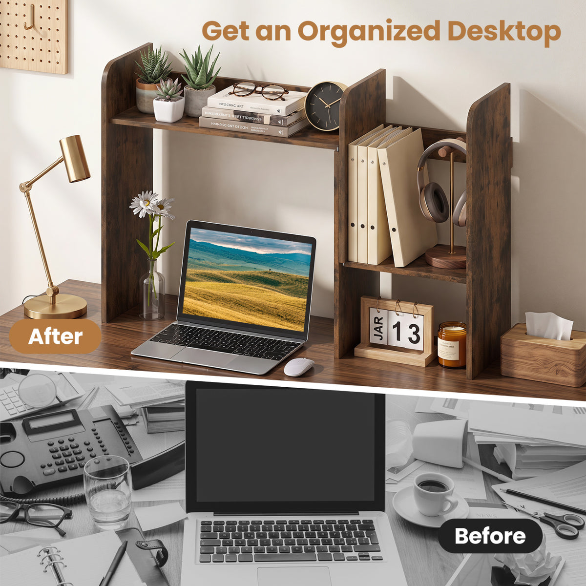 Expandable Desk Bookshelf with Open Cubes and Desktop Display Rack-Rustic Brown