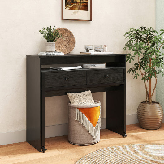 Extendable Computer Desk with 2 Storage Drawers Convertible Home Office Rolling Study Writing Desk-Black