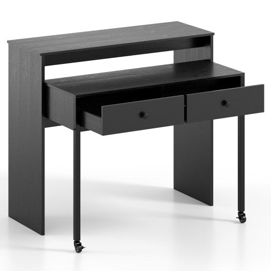 Extendable Computer Desk with 2 Storage Drawers Convertible Home Office Rolling Study Writing Desk-Black