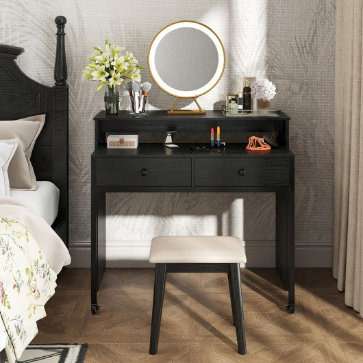 Extendable Computer Desk with 2 Storage Drawers Convertible Home Office Rolling Study Writing Desk-Black