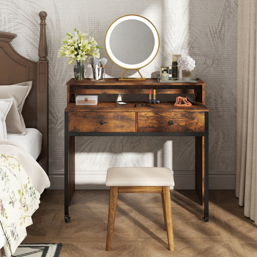 Extendable Computer Desk with 2 Storage Drawers Convertible Home Office Rolling Study Writing Desk-Rustic Brown