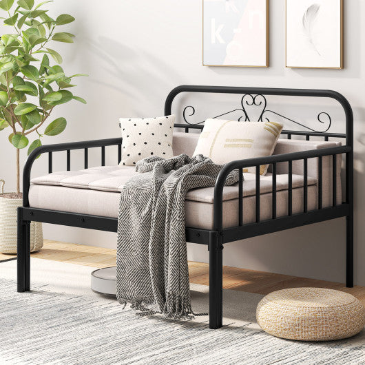 Extendable Metal Daybed to Twin Size Bed with Guardrails and Armrests-Black
