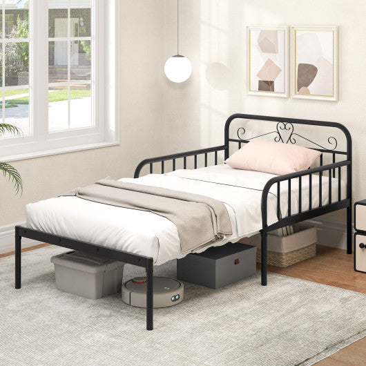 Extendable Metal Daybed to Twin Size Bed with Guardrails and Armrests-Black