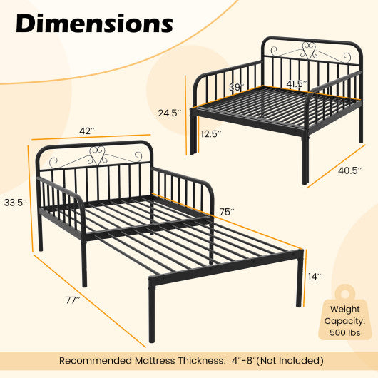 Extendable Metal Daybed to Twin Size Bed with Guardrails and Armrests-Black