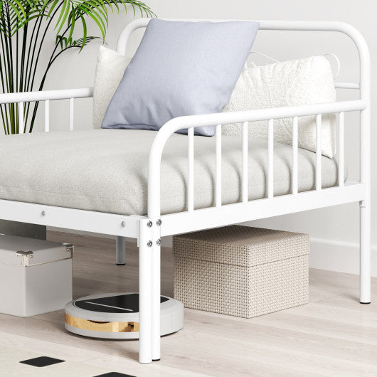 Extendable Metal Daybed to Twin Size Bed with Guardrails and Armrests-White