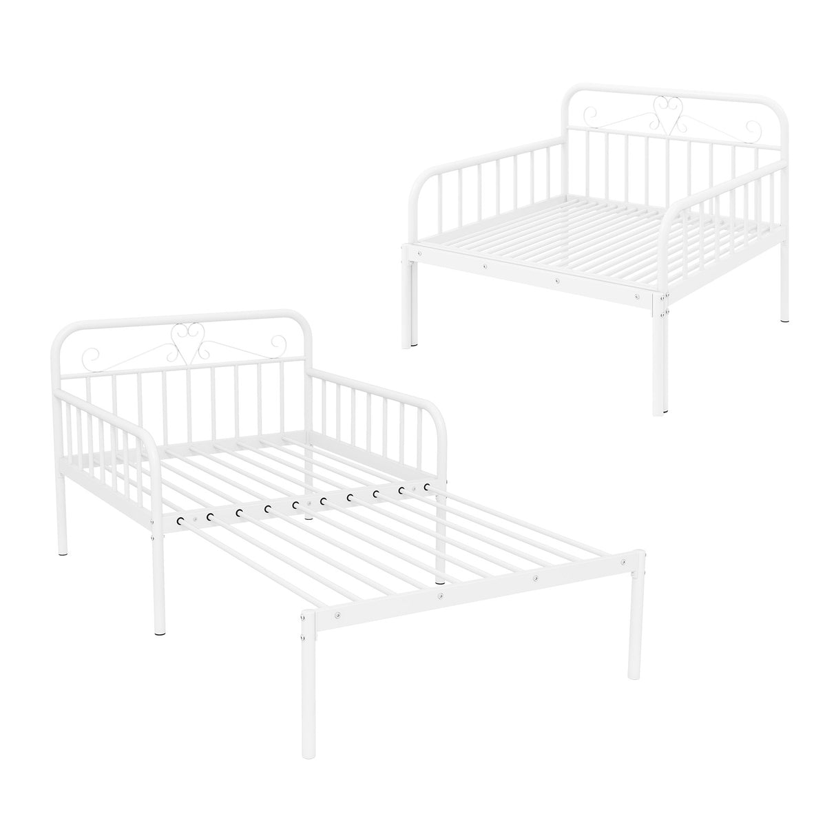 Extendable Metal Daybed to Twin Size Bed with Guardrails and Armrests-White