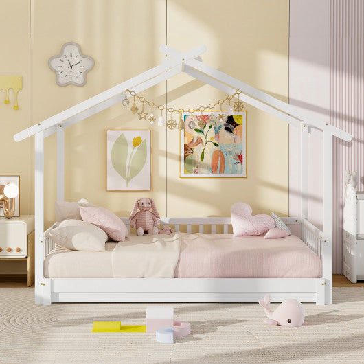 Extendable House Bed Twin to King Daybed with Roof and Fence Rails-White