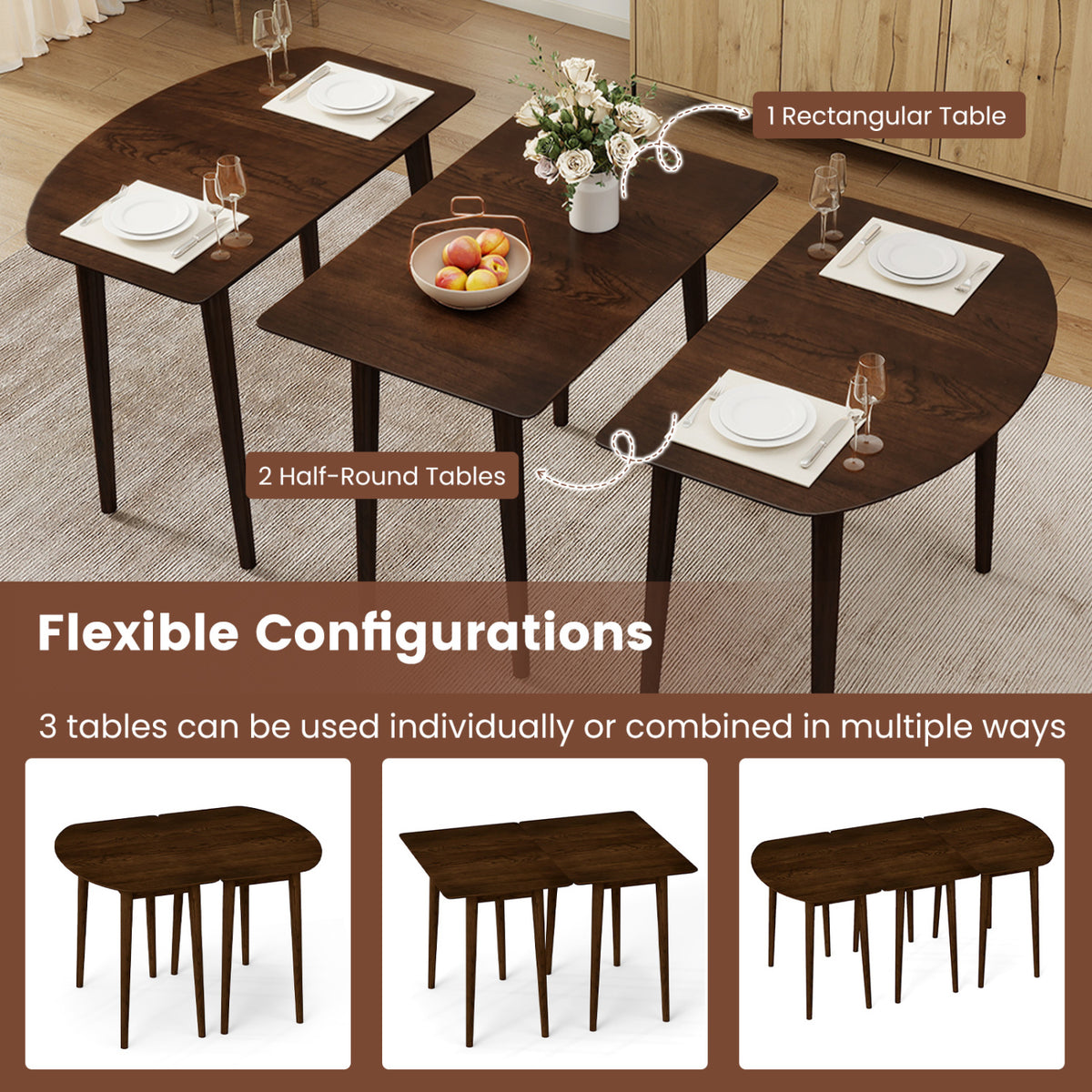Extendable Oval Dining Table Set with 2 Half-Round Tables for 4-6 People-Walnut