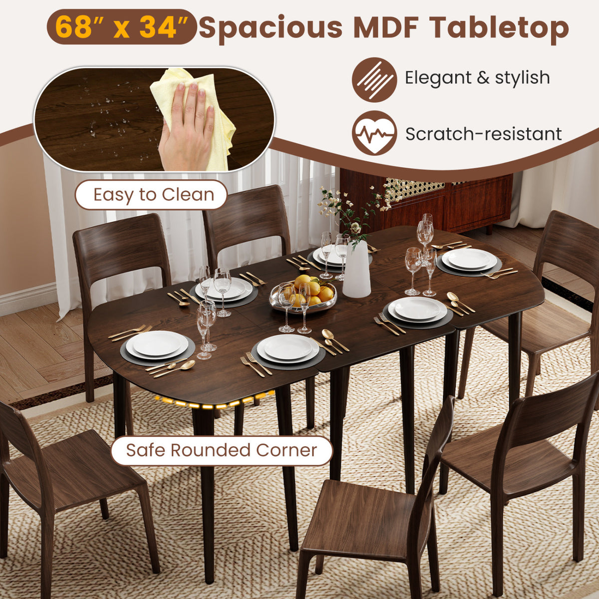 Extendable Oval Dining Table Set with 2 Half-Round Tables for 4-6 People-Walnut