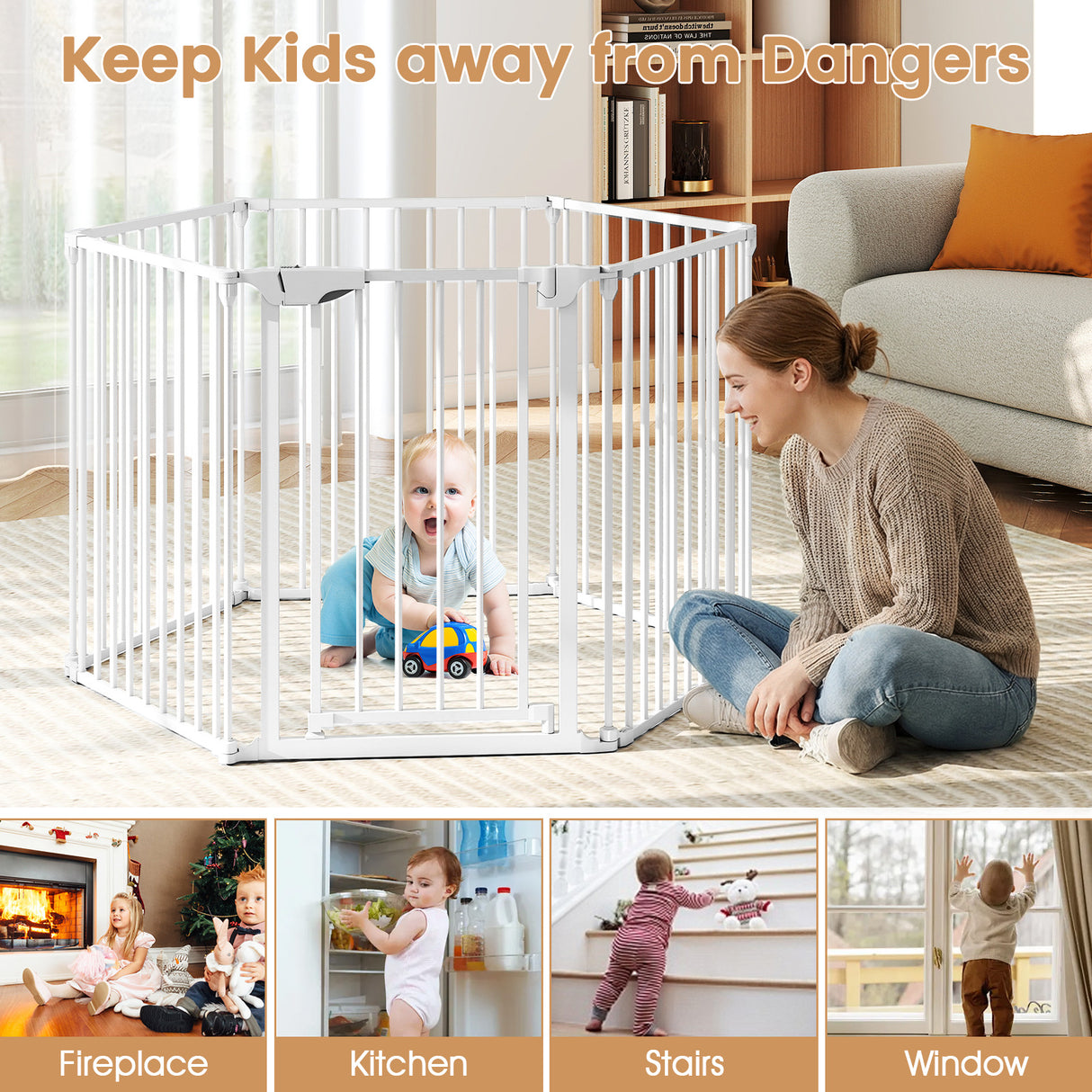 Extra Wide Baby Gate Fits 34.5-154" Openings 6-Panel Adjustable Pet Safety Fence-White