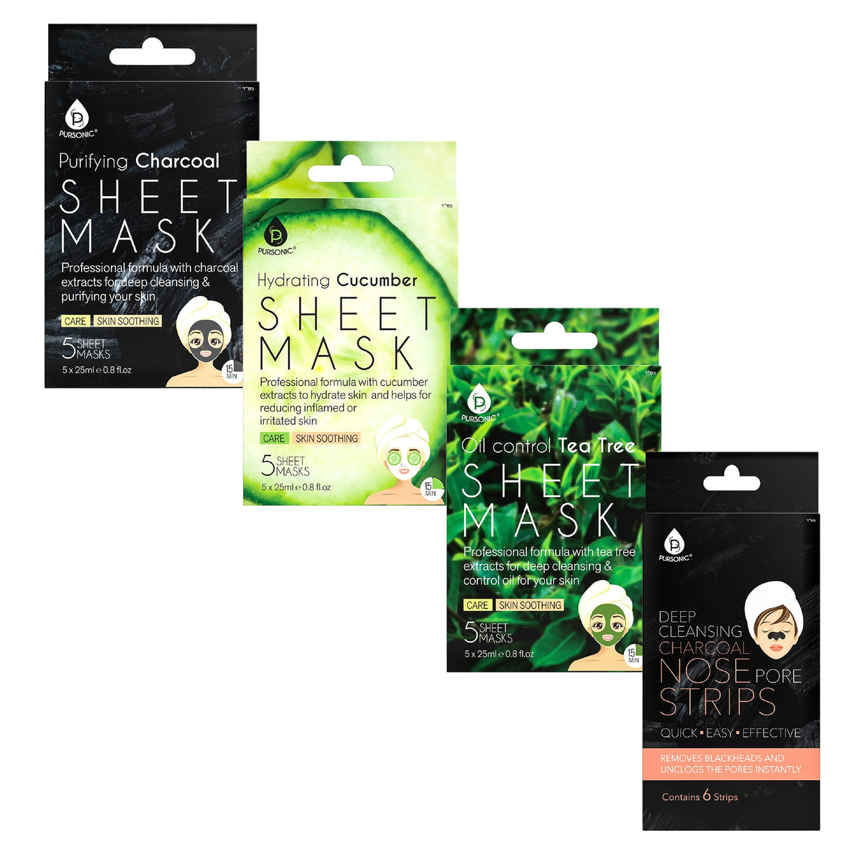 Ultimate Skincare Bundle: Charcoal Sheet Mask + Tea Tree Sheet Mask + Cucumber Sheet Masks + Cleansing Charcoal Nose Pore Strip by Pursonic