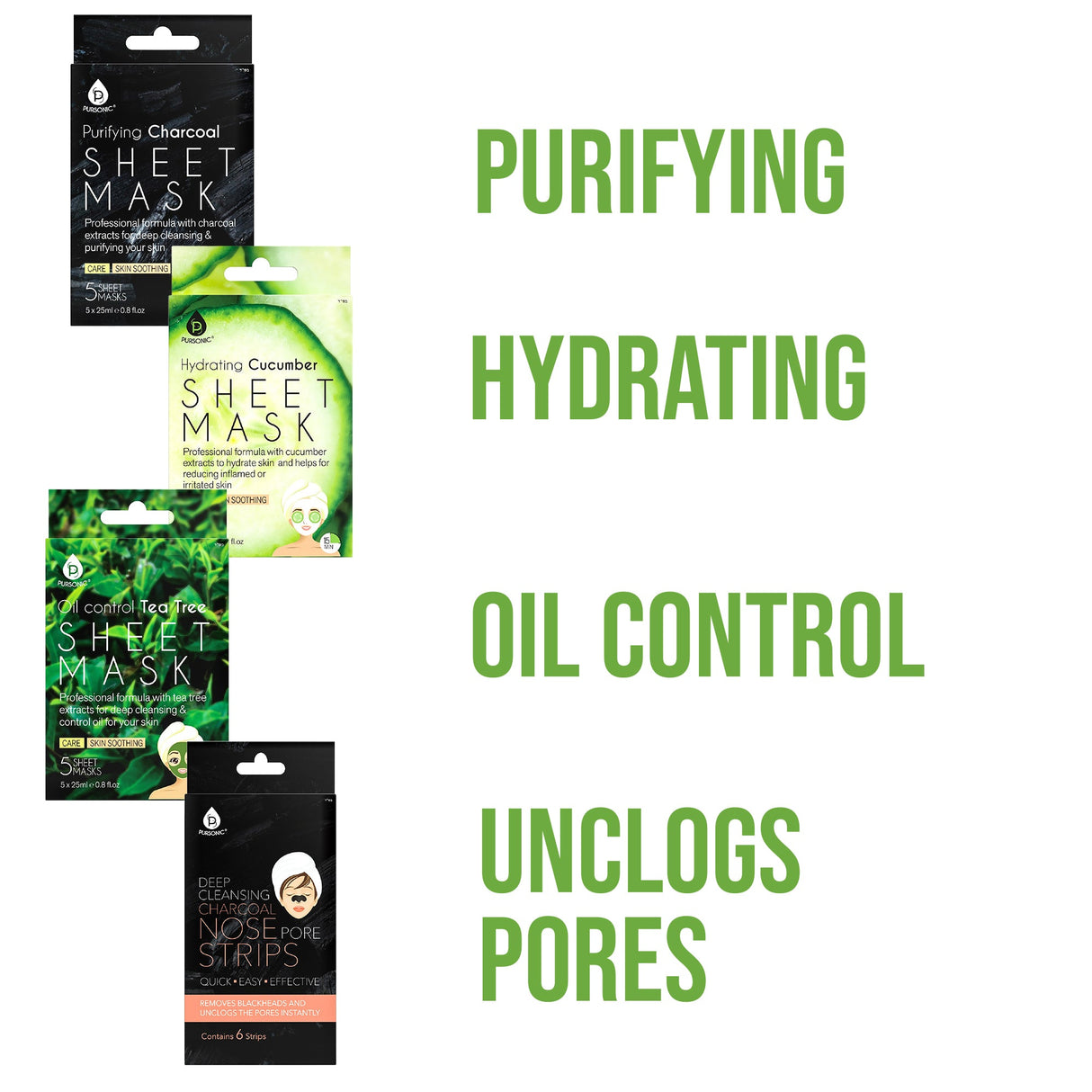 Ultimate Skincare Bundle: Charcoal Sheet Mask + Tea Tree Sheet Mask + Cucumber Sheet Masks + Cleansing Charcoal Nose Pore Strip by Pursonic