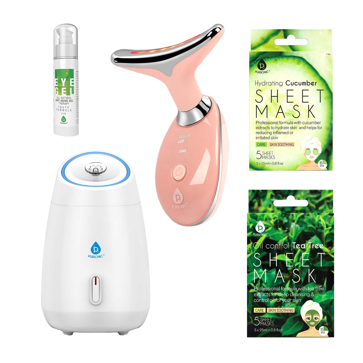 Pursonic Ultimate Glow & Rejuvenation Bundle: 7-in-1 LED Therapy, Facial Steamer, Anti-Aging Eye Gel, and Sheet Masks π