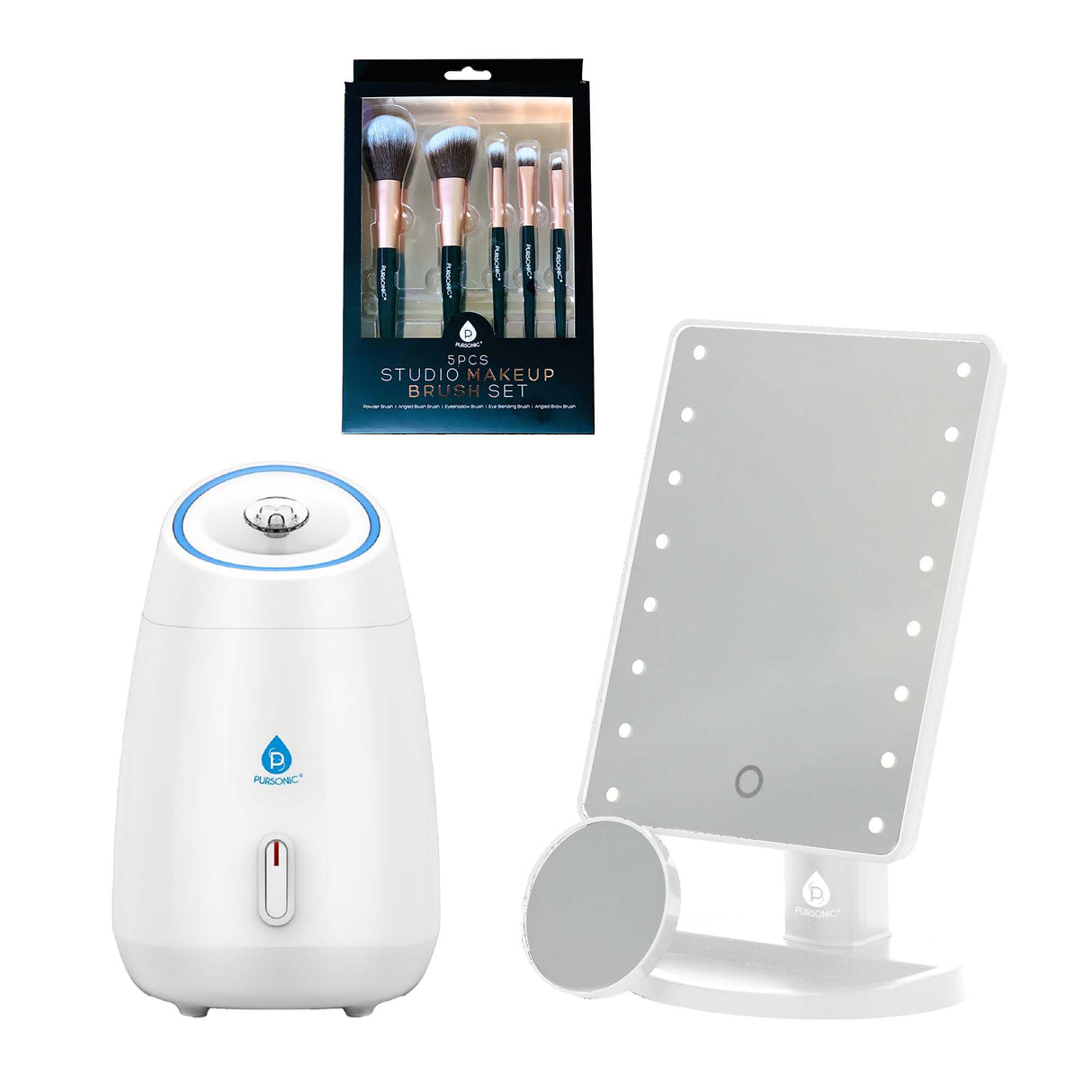 Pursonic Glow & Go Beauty Bundle with LED Vanity Mirror, Facial Steamer & 5-Piece Brush Set by Pursonic