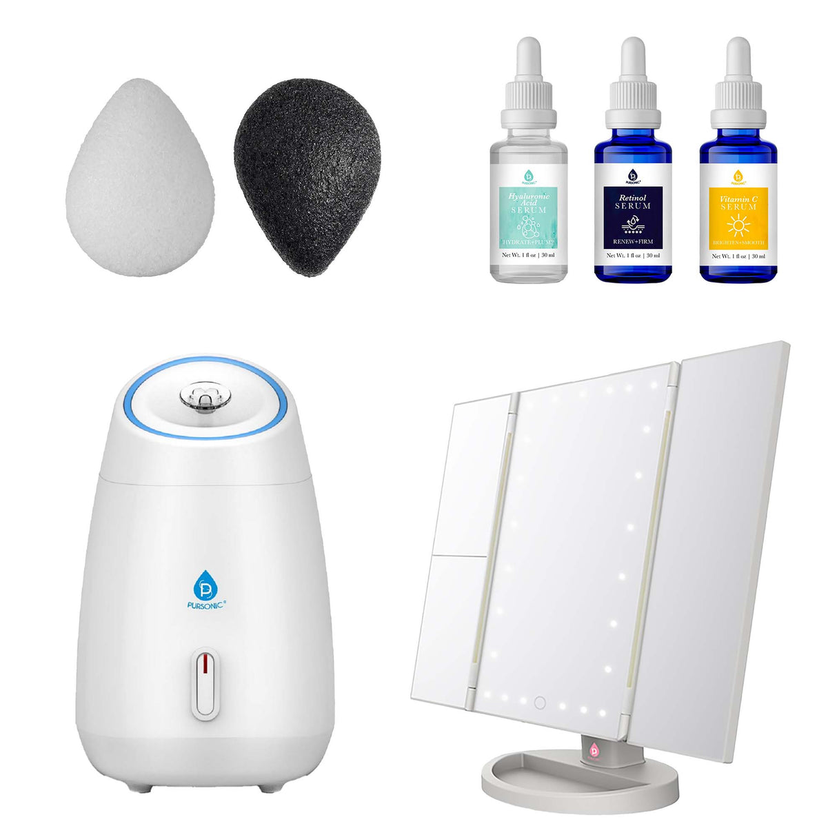 Ultimate Radiance Skincare & Beauty Bundle: Tri-Fold Vanity Mirror, Pursonic Facial Steamer, Anti-Aging Serum Set & Konjac Sponge Duo by Pursonic
