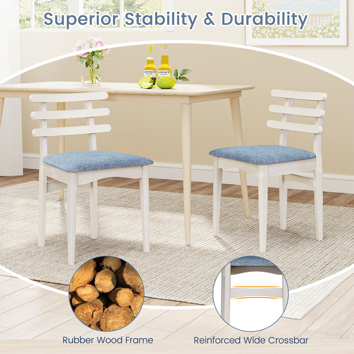 Fabric Kitchen Side Chairs with Rubber Wood Frame and Padded Seat-White