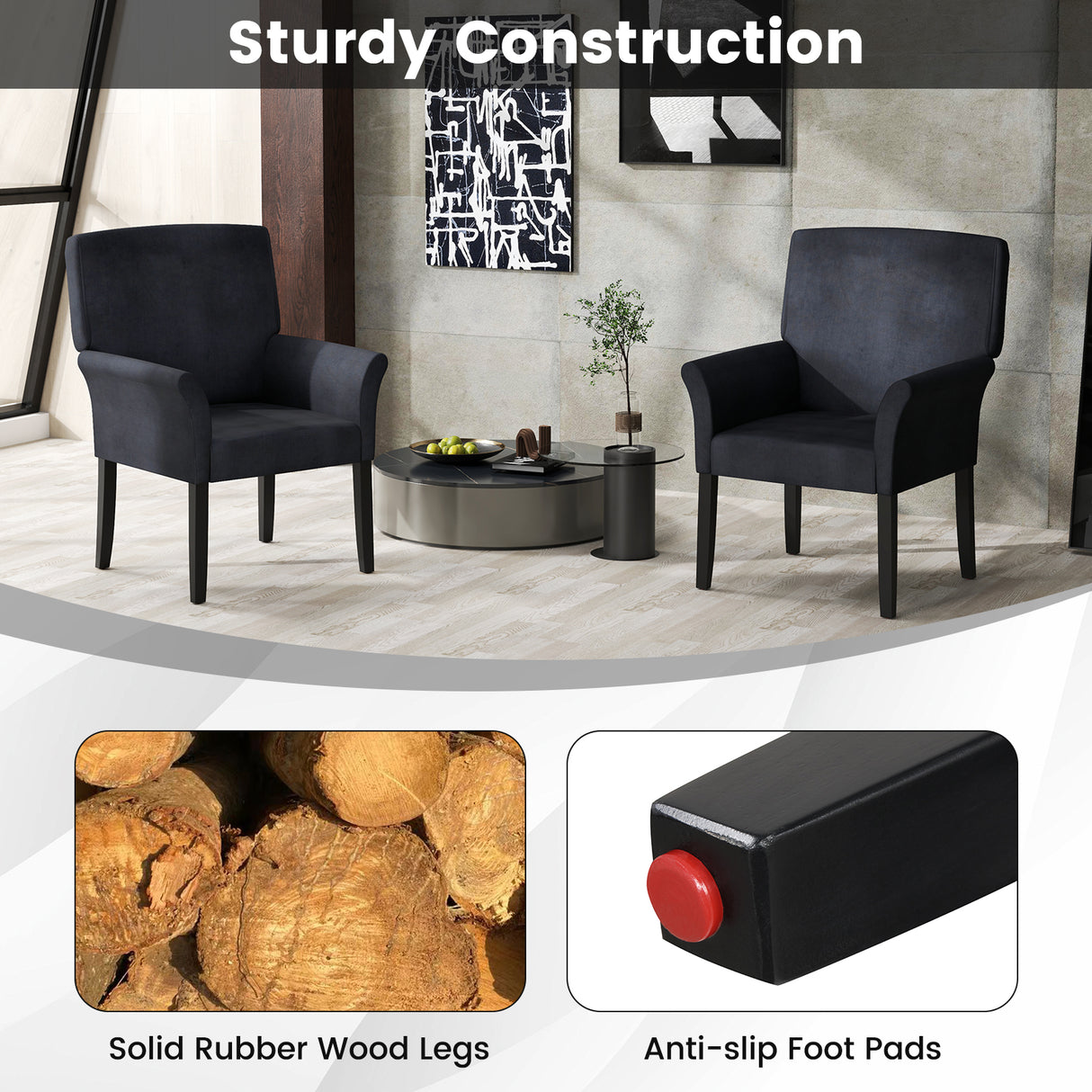 Fabric Upholstered Executive Guest Armchair with Rubber Wood Legs-Black