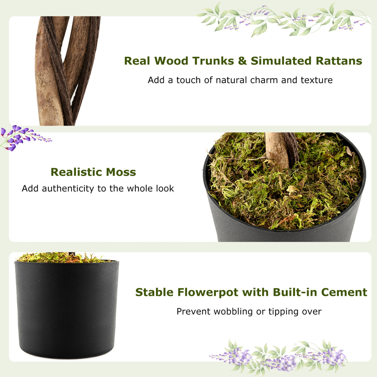 Fake Ficus Plant 6 FT Artificial Wisteria Tree with Natural Trunks and Purple Lifelike Flowers
