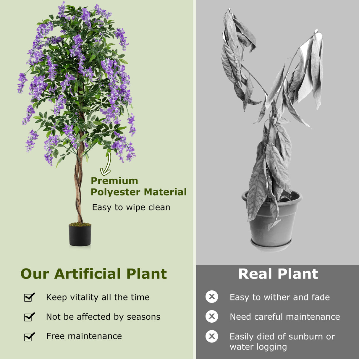 Fake Ficus Plant 6 FT Artificial Wisteria Tree with Natural Trunks and Purple Lifelike Flowers