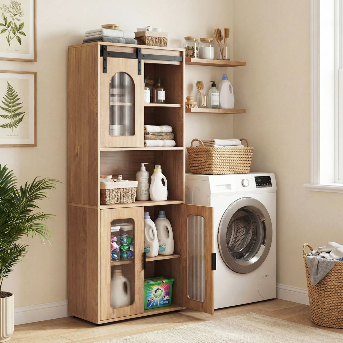 Farmhouse Bathroom Floor Cabinet with Sliding Barn Door-Natural