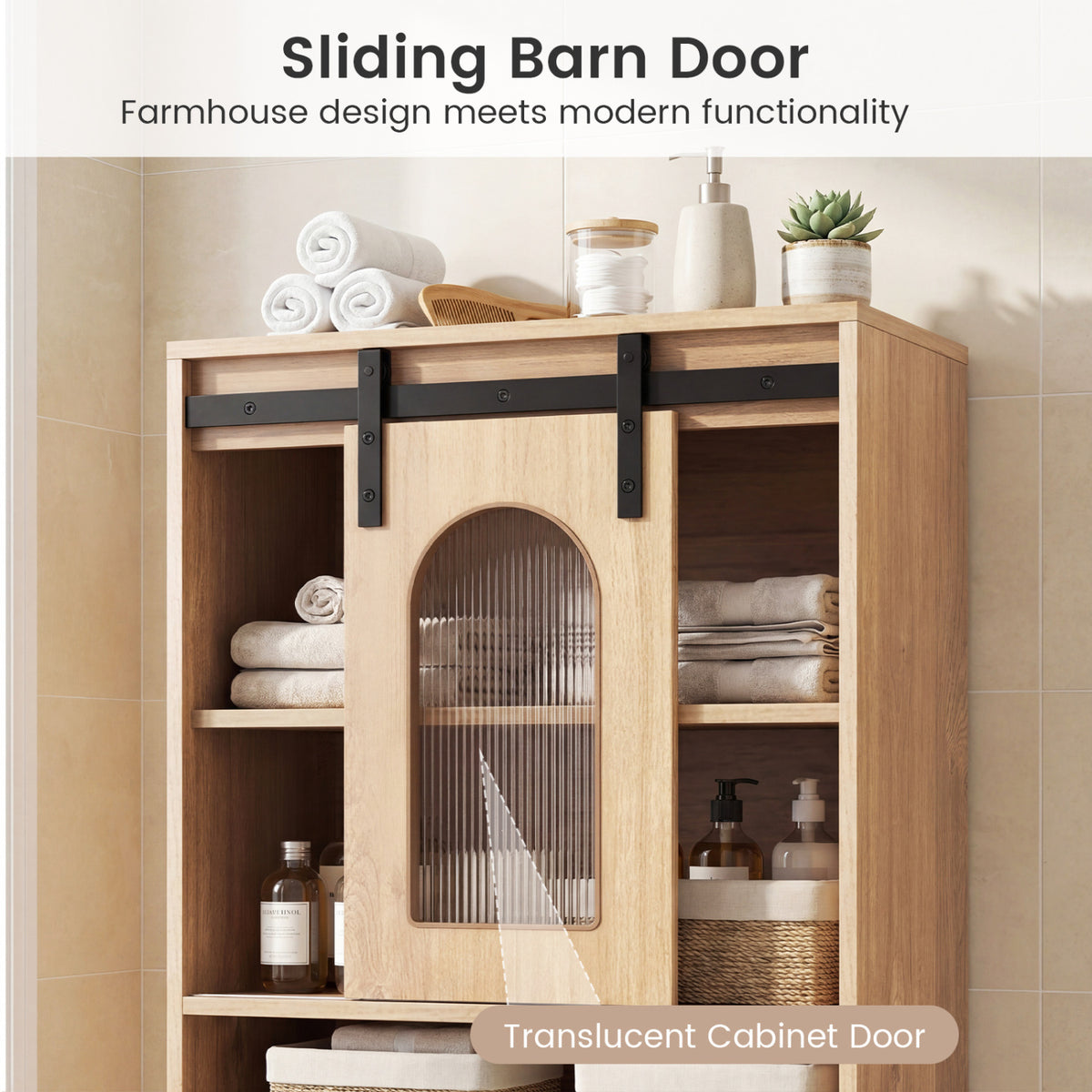 Farmhouse Bathroom Floor Cabinet with Sliding Barn Door-Natural