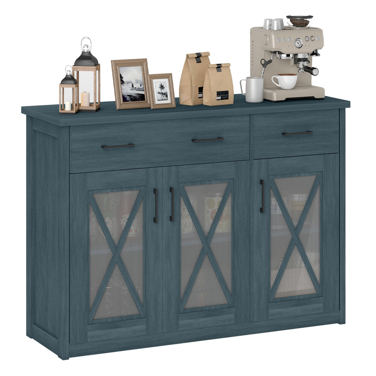 Farmhouse Buffet Sideboard 3-Door Kitchen Storage Cabinet with 2 Drawers-Turquoise