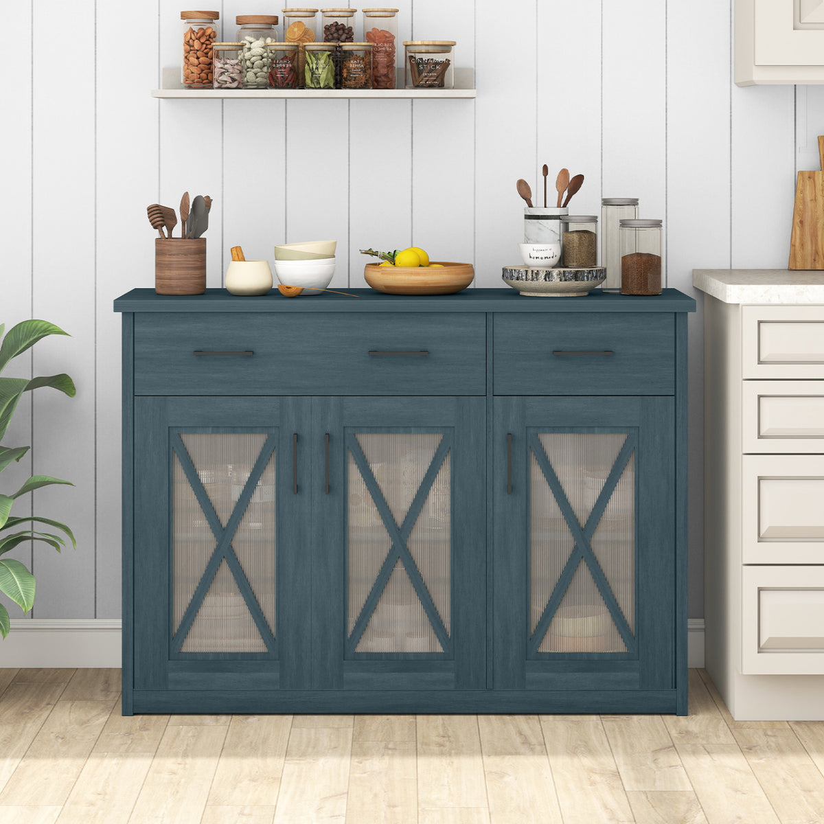 Farmhouse Buffet Sideboard 3-Door Kitchen Storage Cabinet with 2 Drawers-Turquoise