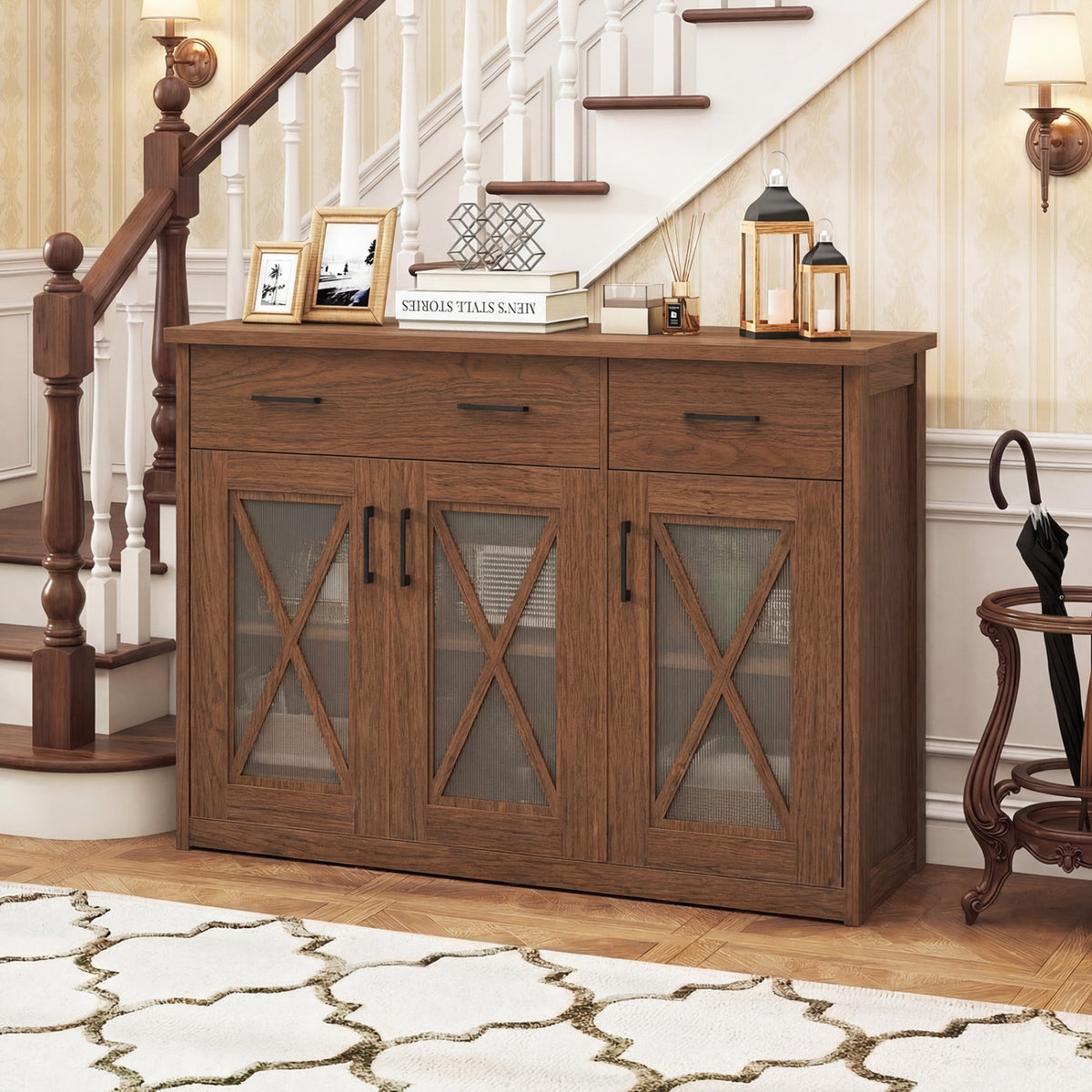 Farmhouse Buffet Sideboard 3-Door Kitchen Storage Cabinet with 2 Drawers-Brown