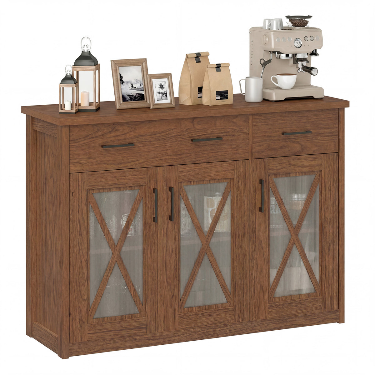 Farmhouse Buffet Sideboard 3-Door Kitchen Storage Cabinet with 2 Drawers-Brown
