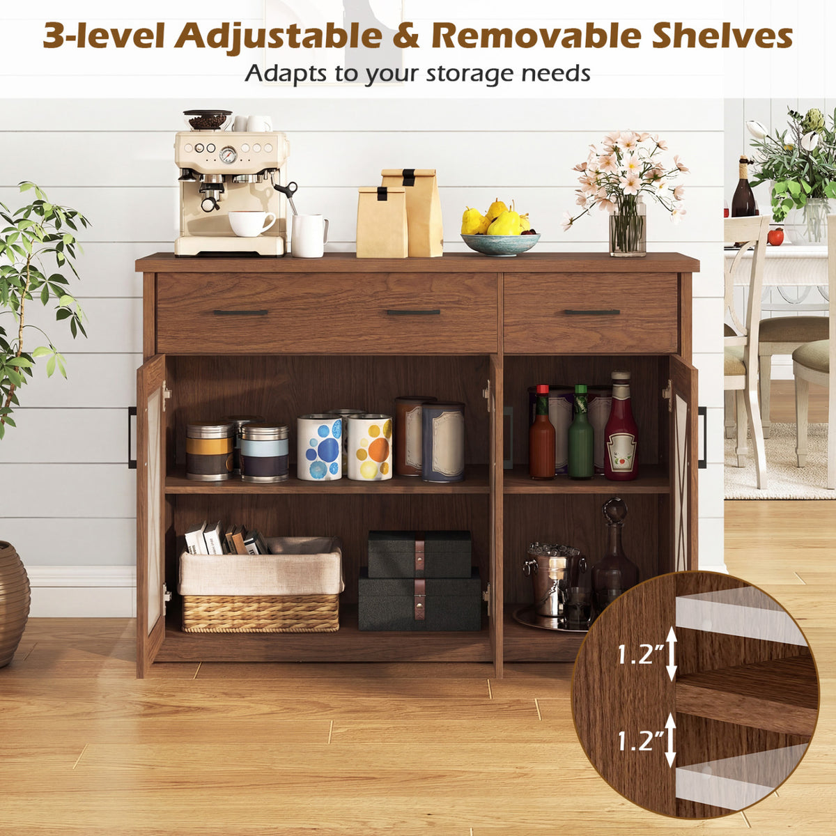 Farmhouse Buffet Sideboard 3-Door Kitchen Storage Cabinet with 2 Drawers-Brown