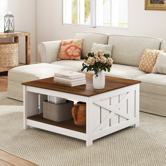 Farmhouse Coffee Table 31 Inch Square Coffee Table with Storage Shelf-White