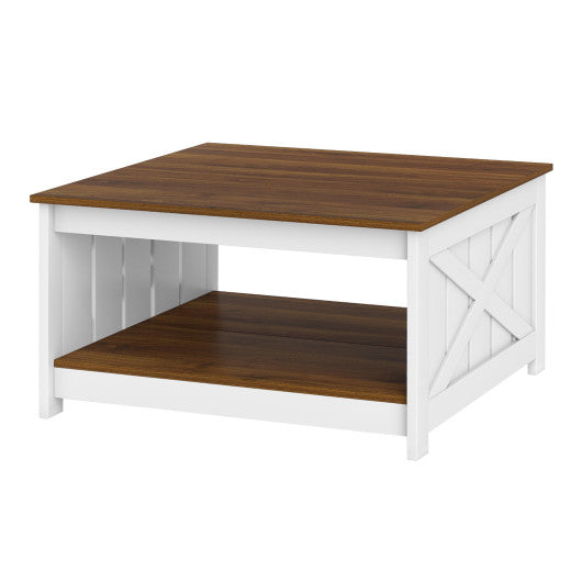 Farmhouse Coffee Table 31 Inch Square Coffee Table with Storage Shelf-White