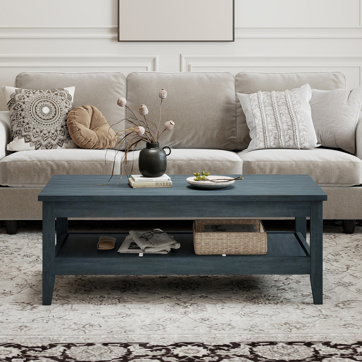 Farmhouse Coffee Table Rustic Cocktail Center Table with Thickened Tabletop-Blue