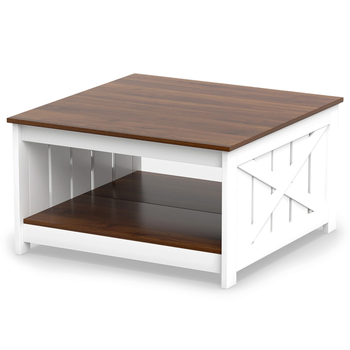 Farmhouse Coffee Table 31 Inch Square Coffee Table with Storage Shelf-White