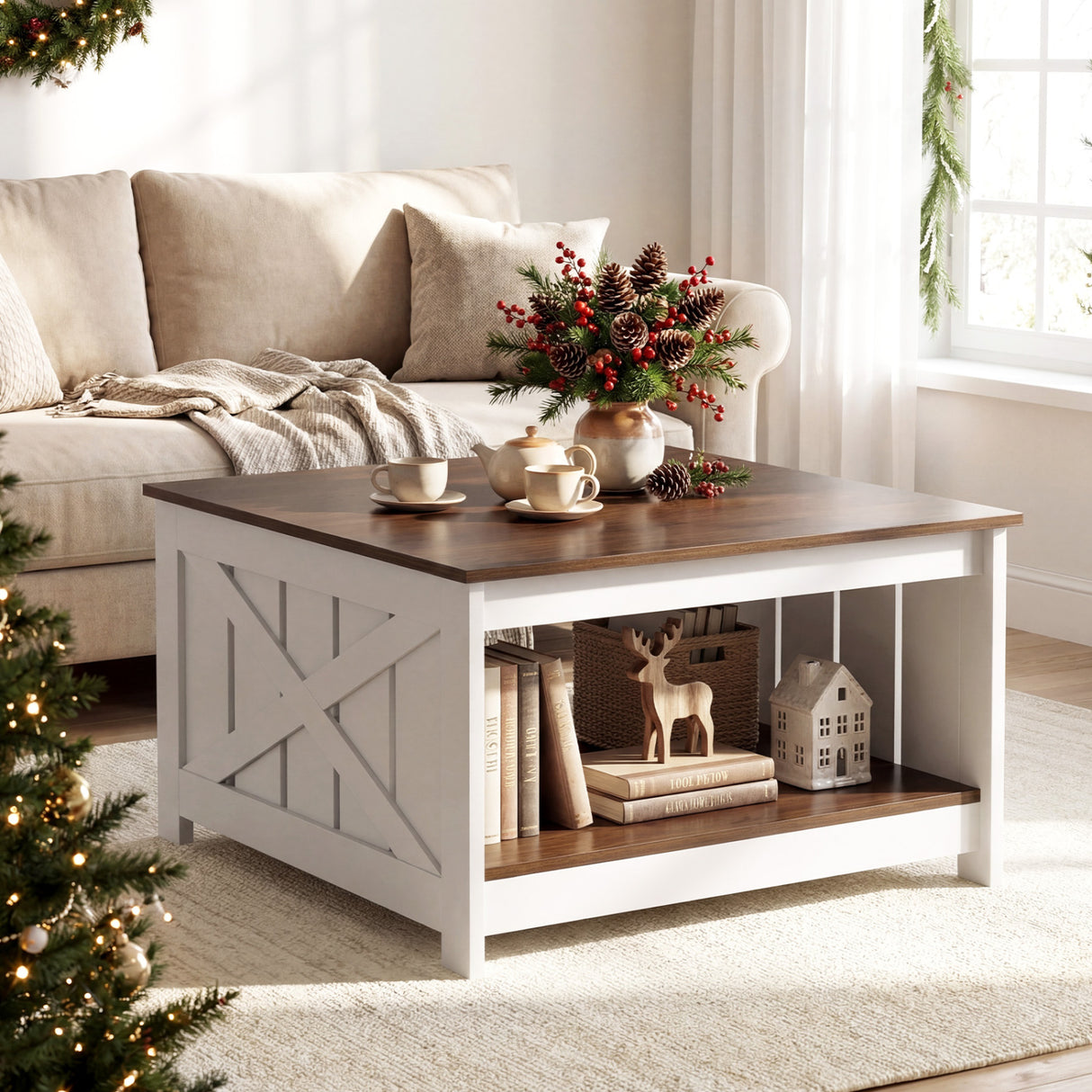 Farmhouse Coffee Table 31 Inch Square Coffee Table with Storage Shelf-White